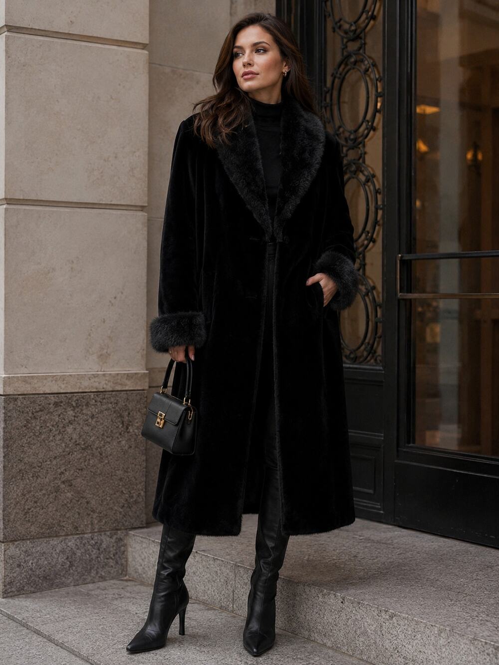 Olympia Limited Inc Black Faux Fur Long Coat Pockets Fully Lined 3 Clasps L